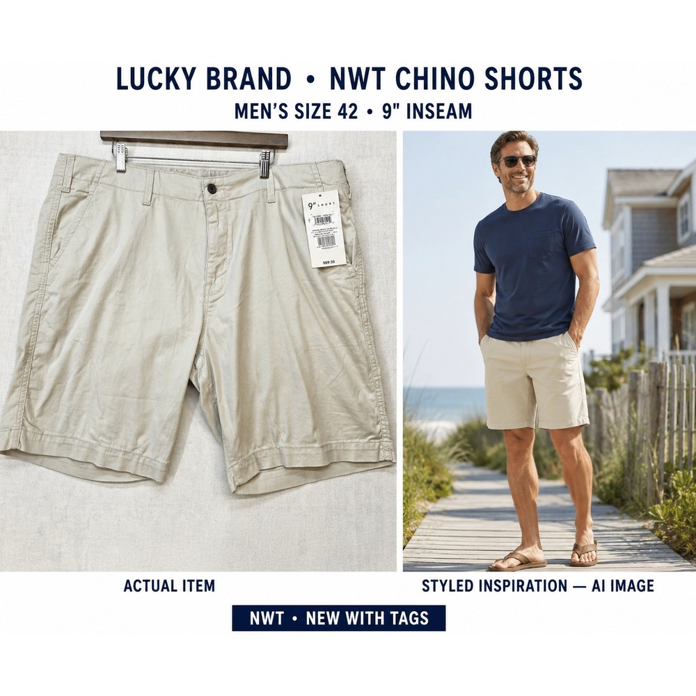 NWT‎ Lucky Brand Men's 9" Stretch Twill Flat Front Shorts 42 Clover Embroidered